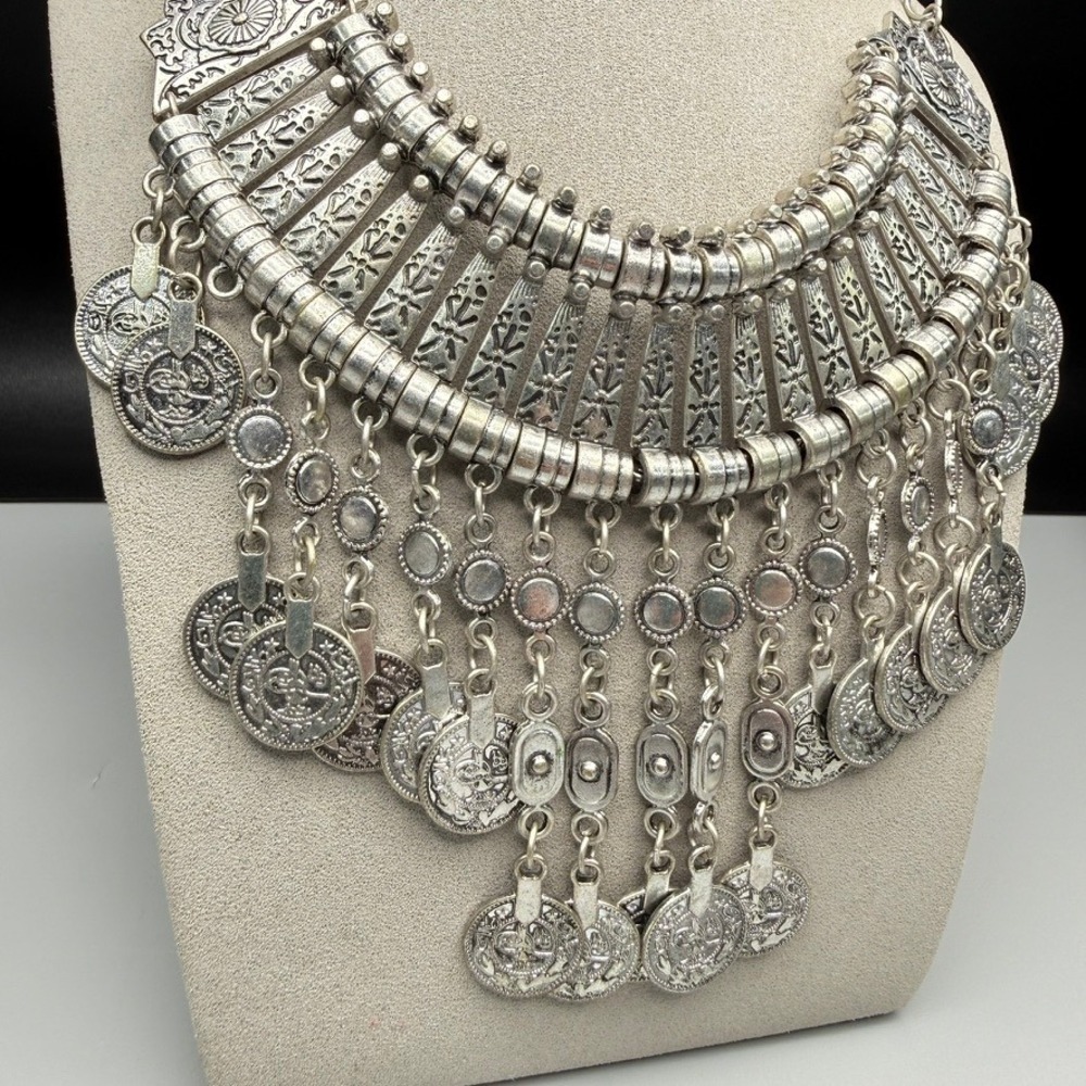 Vintage Coin Bib Necklace Silver Tone Tribal Egyptian Revival Ethnic 17"